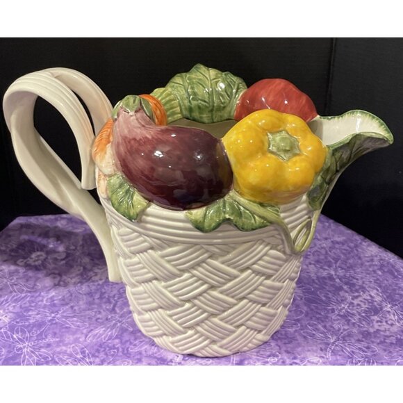 Fitz & Floyd Vegetable Garden Basket 7 Inch Pitcher 1995 Vintage 1 1/2 QT READ - Picture 3 of 8